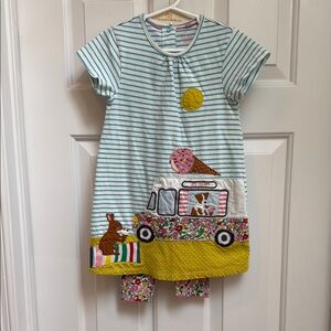 Baby Boden Striped Blue Dress and pants set with Ice Cream Truck Design size 3-4